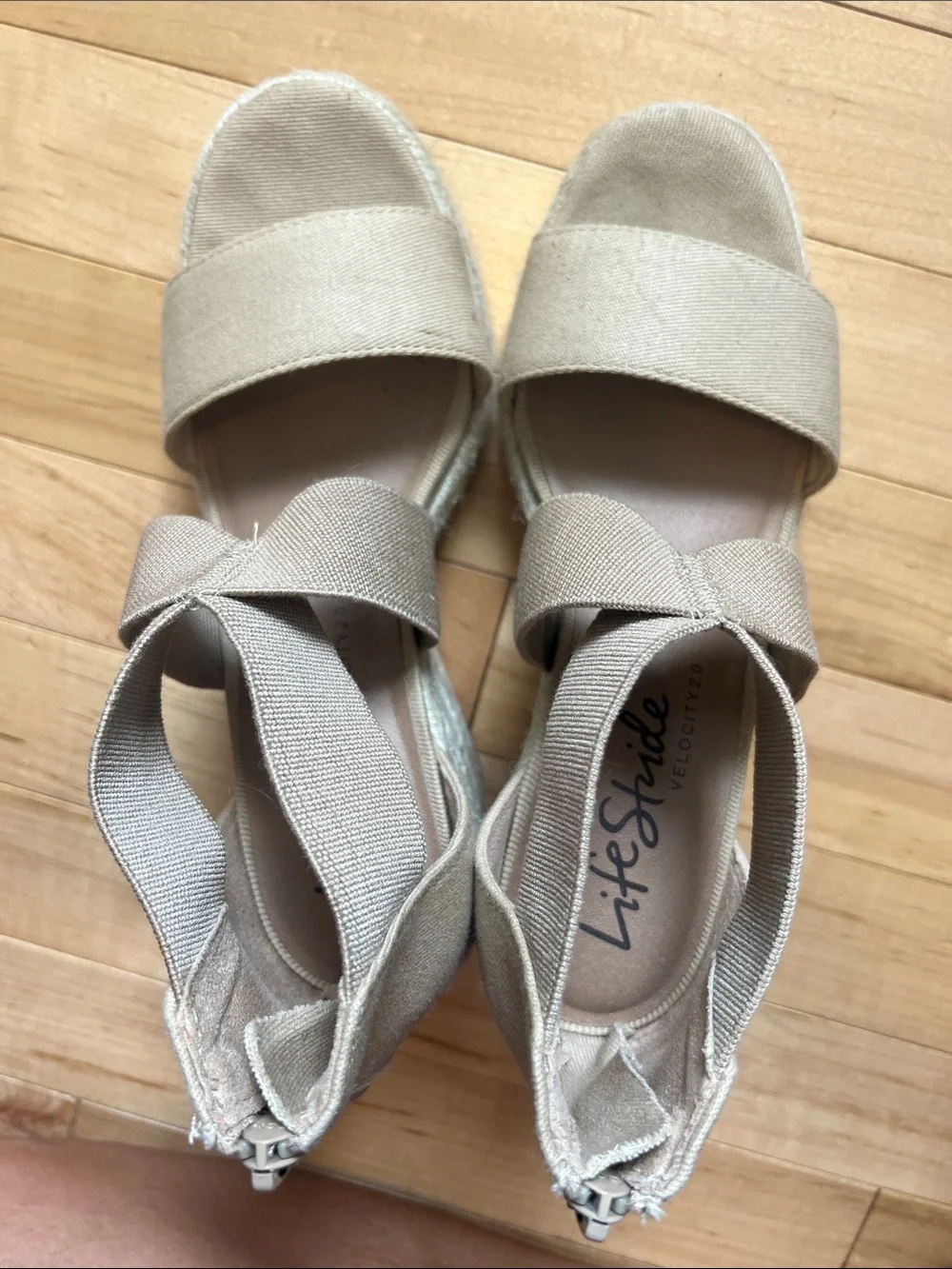 Life Stride Taupe Linen Bow Espadrille Wedge Sandals